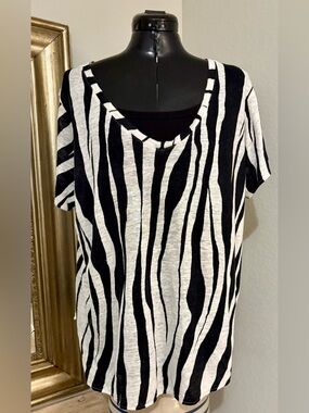RACHEL ZOE Black/Wht Zebra Print 100% Linen High-Low Hem Slub Knit Top XL